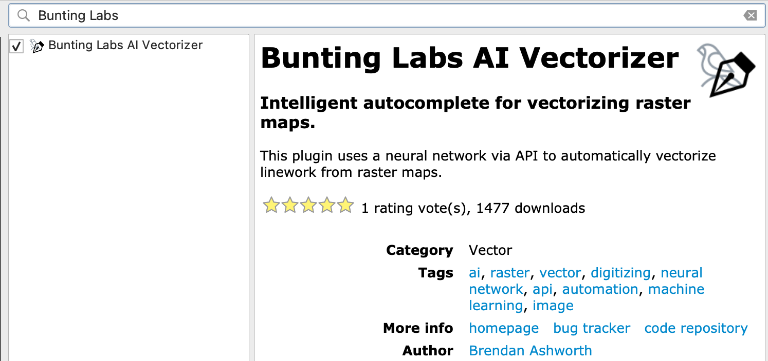Bunting Labs AI Vectorizer en el repositorio de plugins de QGIS