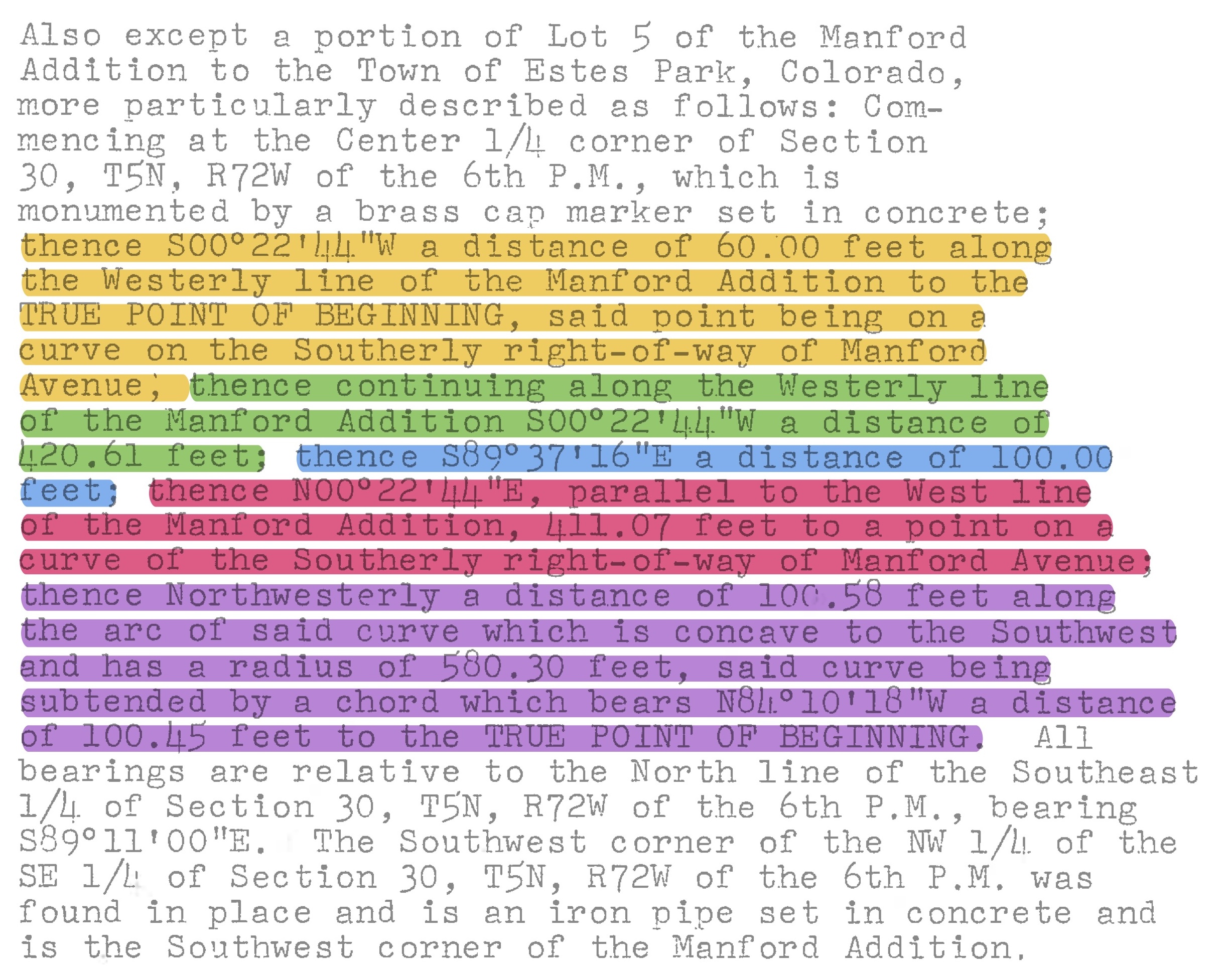 a survey plat with the metes and bounds highlighted